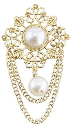 Vintage Rondes Filigrane Perles Fleur Broche avec Chaîne à Pompon, Style Baroque Brochen pour Femme, élégante Broche Fleur Creuse Dorée, Accessoire de Bijouterie pour Queue-de-pie