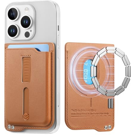 Micoden Magnetisk korthållare för mobilskal, tunn och stabil korthållare för att bära kreditkort/EC-kort/ID-kort, äkta läder, kompatibel med iPhone 17/16/15/14/13/12-serien, BRUN, Avslappnad