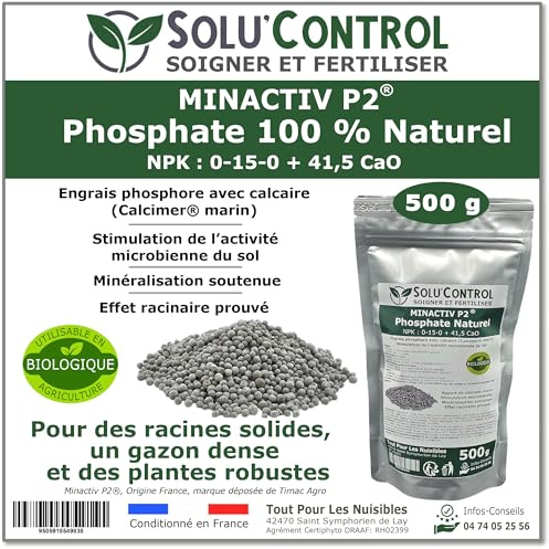 500 g de Minactiv P2® SOLU’CONTROL – Engrais phosphate naturel 0-15-0 + 41,5 CaO – Avec Calcimer® marin et stimulateur microbien – Racines solides, gazon dense et cultures vigoureuses – UAB (Bio)