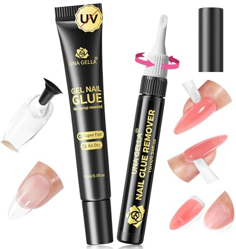 UNA GELLA 15g Semi Solid Nail Glue and 10ml Nail Glue Remover Kit for Press On Nails, No U V Light Needed Quick Dry Adhesive, Rotary Flow Control Debonder with Built-in Pry Bar Tip, 28+ Days Hold