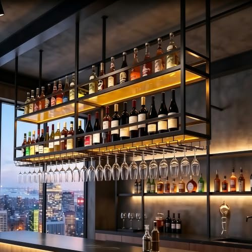 80CM Botellero colgante techo Luz LED, 2 Niveles botellero de techo de acrílico con portavasos y estantes transparentes portavasos botelleros para loft, para Cocina, Bar, Cafetería y decoración