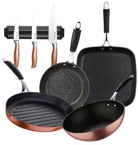 Set mit 3 Küchenmessern + Grill 28 x 28 cm + Wok Ø 28 cm + Pfanne Ø 20 x 4,5 cm + Fischpfanne 32 x 21,8 cm aus geschmiedetem Aluminium Cooper Bergner