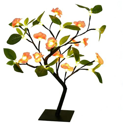 XVICO 24 LED Peach Blossom Tree Lamp, USB Powered Tabletop Bonsai Light with Pink Flowers & Green Leaves, Ambient Decorative Light for Home Bedroom Living Room, Festival Christmas Party Gift