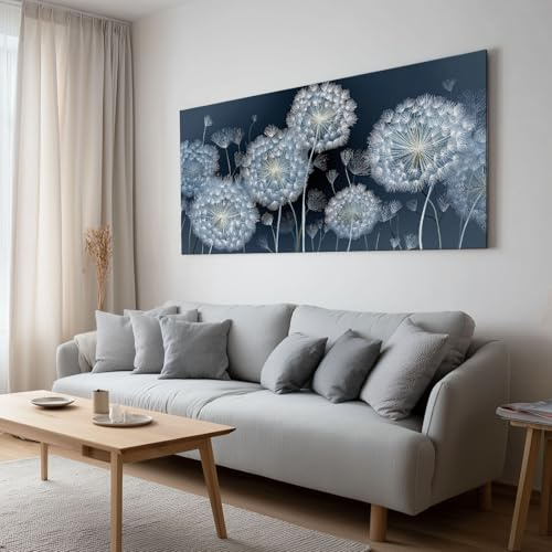 Leinwand Bilder Groß 160x80 cm, XXL Deko Schlafzimmer Aesthetic Leinwandbilder Poster - Wohnzimmer Gemälde Foto Geschenk - Moderne Kunstdruck Wanddeko - Traumhafte Pflanzen Graue Silber Löwenzahn