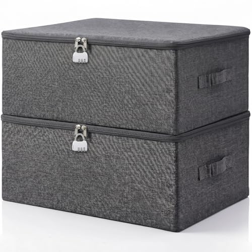 2PCS Lockable Storage Boxes with Lids,Large Moving Boxes,Grey Packing Boxes,Clothes Storage Bags with Zips,Small Lock Box,Collapsible Storage Box with 3 Handles for Toy/Towel/Duvet Storage(L)