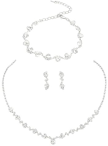 BIVYAX Juego de Joyas de Boda en Plata con Strass, Set de 3 Joyas para Mujer (Collar, Pulsera, Pendientes), joyas boda Accesorio de Boda para Dama de Honor, Regalo para Bodas de Plata y Compromiso