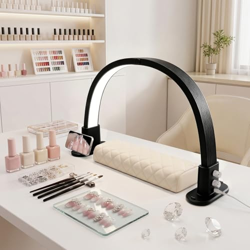 HomdMarket Halbmond-Lampe 47cm Nail Desk Lampe 3 Modi 3000K-6000K Dimmbare LED Maniküre Licht, 15W Nageltisch Lampe, Schreibtischlampe für Nail Tech, Wimpernverlängerung, Tattoo, Augenbrauen