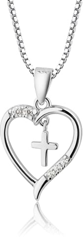 Cherished Moments Girl's 925 Sterling Silver Dancing Cross Heart Necklace First Communion or Confirmation Gift, 16-18