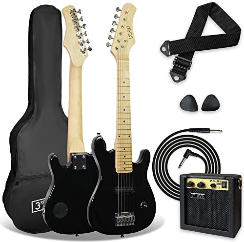 3rd Avenue E-Gitarrenset für Kinder in 1/4-Größe, Junior-Gitarre für Anfänger – mit 6 Monate KOSTENLOSEM Unterricht, tragbarem Verstärker mit 5 W, Kabel, Tasche, Plektren und Gurt – in Schwarz