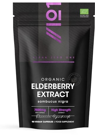 Organic Elderberry Extract 7500mg – High Strength Black Sambucus Extract – 90 Vegan Capsules (3 Months Supply) – Resealable and Recyclable Pouch – By Alpha01