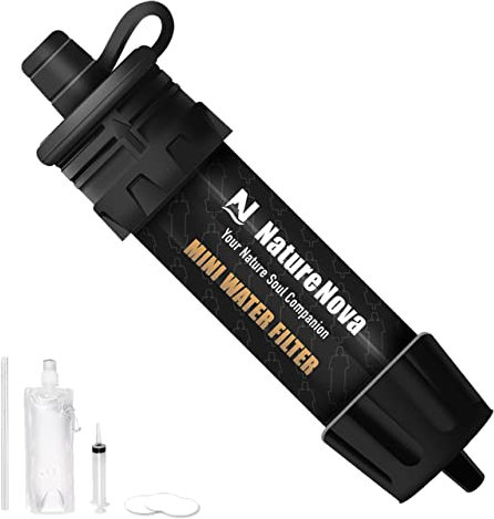 NatureNova Mini Water Filter Portable Emergency Water Filtration System Hiking Camping Straw Survival Gear Emergency Preparedness（Black, 1 Pack)