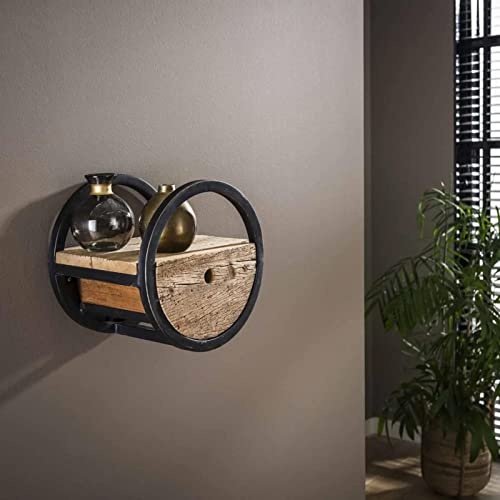 Ringo-Living Rundes Regal Metall & Massivholz mit Schublade, Hängende Kommode aus Hartholz & Metallumrandung, Wandregal Blumentopf Ablage mit Stauraum, Küchenregal Rund, Designer Wandregal Rund
