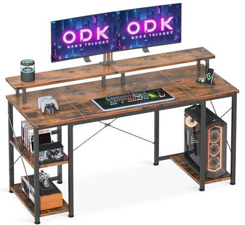 ODK Escritorio con Estante Reversible, Escritorio de Ordenador con Soporte de Monitor y Estantes, Mesa Escritorio de Juegos Escritorio Ordenador para Oficina, Salón (Marrón, 120x50x86.5cm)