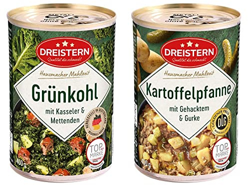 DREISTERN Grünkohl mit Kasseler und Mettenden 400 g I leckeres Fertiggericht mit Gemüse in der praktischen recycelbaren Konserve & Kartoffelpfanne mit Gehacktem & Gurke, 400 g