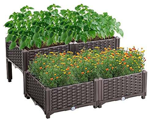 Mingone Jardinière de Jardin en Rotin Bac à Fleurs Jardinière d'Extérieur avec Trou de Drainage Boîte de Plantation Extérieur pour Jardin Terrasse Balcon, 2×Marron