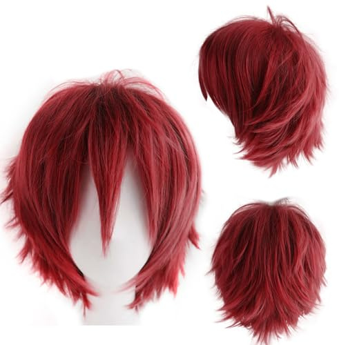 Dcbaboo Rot Perücke Damen & Herren Cosplay Anime Wig 30cm Synthetisches Haar Glatt Gerade Dunkelrot Kurz Perücke mit Pony für Halloween, Party & Karneval