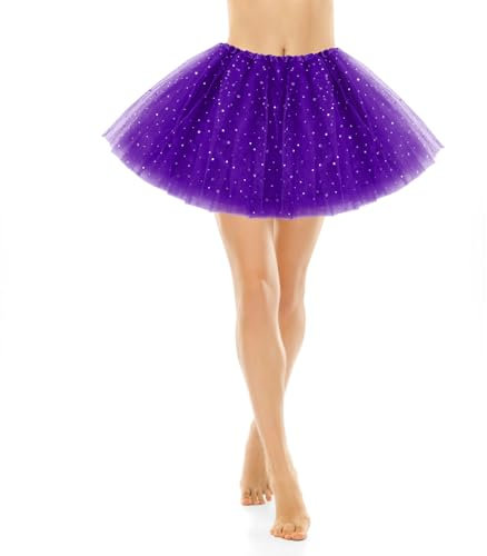 Tütü Lila Damen Tiefes mit Paillettensternen Tüllrock 3 Lagiger Tüll Ballett Rock Retro 80er Jahre Outfit Damen Blasenrock Tutu für Karneval Kostüm Party Zubehör Tanz Laufen Halloween Cosplay Damen