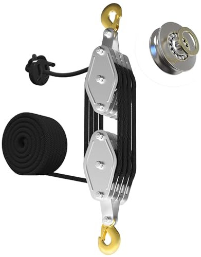 Rope Hoist Pulley System, 4400LB Pulley Block and Tackle, 8:1 Ratio Lifting Power 65ft, Heavy Duty Pulley Block for Hunting Lifting Heavy Objects Garage Warehouses Building