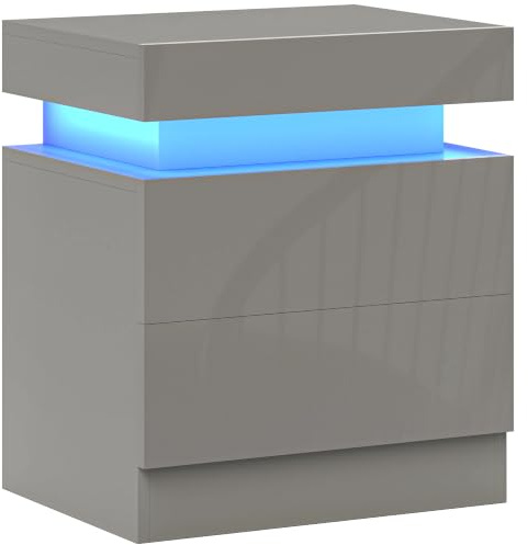 HOMCOM Mesita de Noche Luces LED 3 Colores 2 Cajones Gris | Mesilla de Noche, Interruptor con Cable, Control de APP, para Dormitorio Salón, 45x35x52 cm
