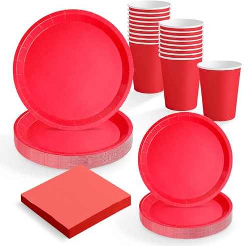 MAXI PRODUCTS - Set Vajilla Desechable Fiesta 20 Personas Rojo - 114 piezas - Vasos Cartón 270 cc + Platos Cartón Ø17 y Ø20,5 cm + Servilletas Papel 25x25 cm - Menaje para Cumpleaños y Eventos