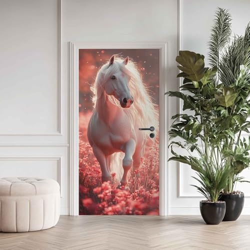 Türtapete 90x200 cm Pferd, Türaufkleber Selbstklebend Weißes Pferd Rosa Blume, Türfolie Türposter Folie für Schlafzimmer Wohnzimmer Tür verschönern Deko