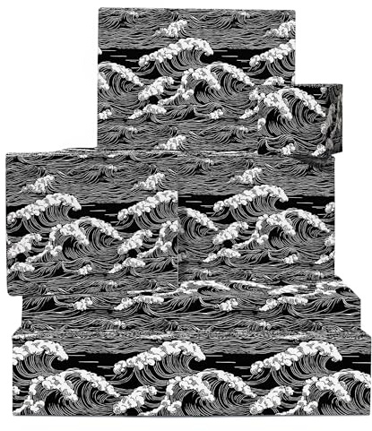 Wave presentpapper – 6 ark havs- presentpapper för män kvinnor barn tonåringar – födelsedag jul bröllop årsdag – svart vit japanskt hav våg tryck – levereras med etiketter