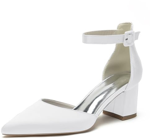 HFWXYSA Donna Décolleté Tacco Largo con Cinturino alla Caviglia in Raso Scarpe da Matrimonio Punta Chiusa Scarpe da Sposa,Bianca,35 EU