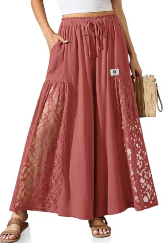 TARSE Women Linen Wide Leg Pants Lace Patchwork Boho Loose Elastic Waist Palazzo Pants Summer Casual Beach Trousers with Pockets(RustRed, L)