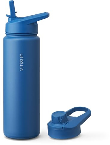 Vinsun Trinkflasche Edelstahl 750ml Azurblau inkl. 2 Deckel - auslaufsicher | Strohhalm Deckel & Trinköffnung - Kohlensäure geeignet, BPA frei, isolierte Thermosflasche Sport, Schule, Outdoor