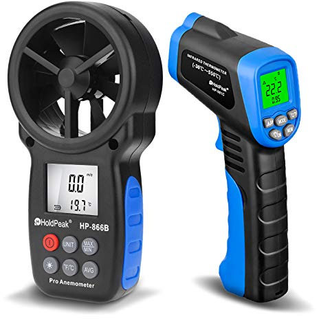 H HOLDPEAK Handheld Anemometer, Digital Wind Speed Meter for Air Velocity, Digital Laser Infrared Thermometer -50 to 550℃ with Adjustable Emissivity, Max/Min/Average Wind Speed for Drone Flying Kite