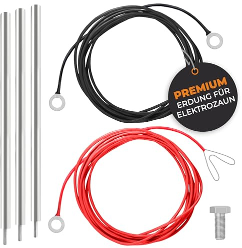 Ellofence Erdungsset für Weidezaun - Robuster Erdungspfahl Edelstahl mit Zubehör - Tiefenerder mit Erdungskabel & Anschluss - Elektrozaun Erdungsspieß Set (3 Stäbe)