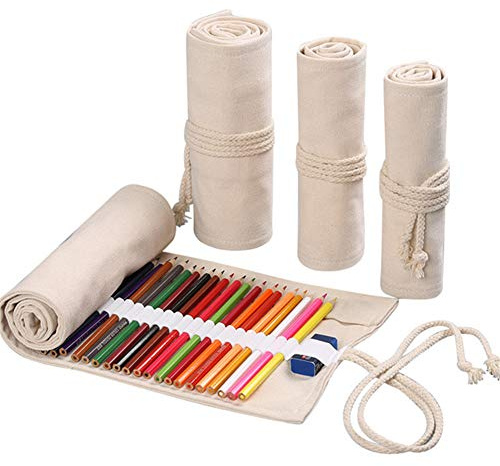DUBENS Farbige Bleistift Halter Fall, Slots Leinwand Wrap Pouch Federmäppchen Set für Kinder und Erwachsene, Reise Zeichnung Färbung Rolle Organizer (Weiß, 72 Holes)
