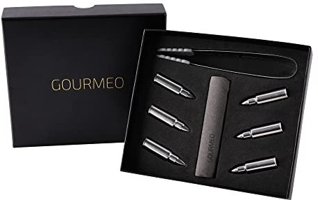 GOURMEO Whisky Stones Gift Set Bullets from Stainless Steel, 6 Pieces, with pince and Velvet Pouch| Drink Rocks, Cooling Whisky Cubes, Reusable Chilling Stones