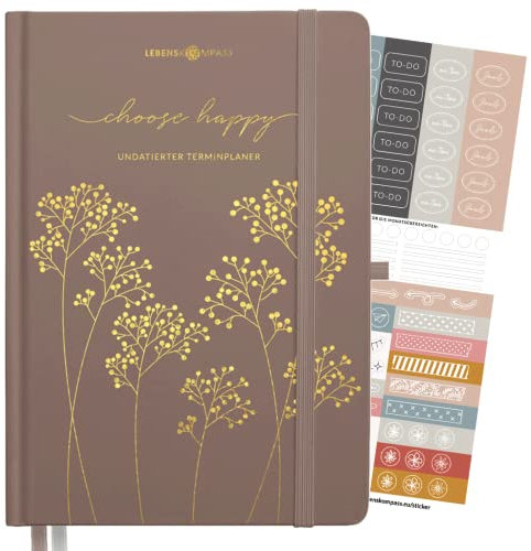 Lebenskompass Terminplaner Undatiert A5 ”BLÜTENGLANZ” - Schöner Hardcover Kalender ohne Datum - Terminkalender mit Stifthalter, Froschtasche + Extras