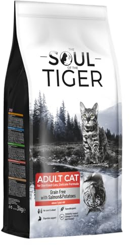 The Soul of the Tiger - Cibo secco per gatti adulti sterilizzati, senza cereali, a base di salmone e patate, formula delicata, 3 kg
