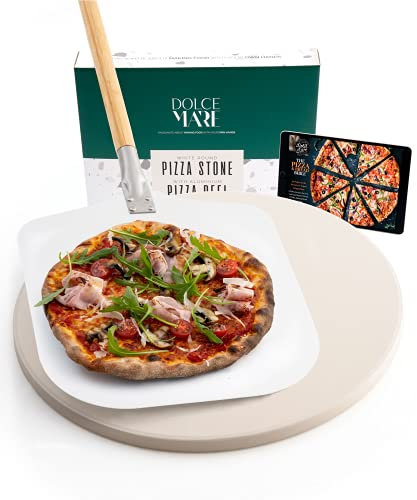 DOLCE MARE Pizza Stone Round - Cordierite Baking Stone for Oven & Grill - Includes Aluminium Pizza Pusher & Recipe E-Book - Gray
