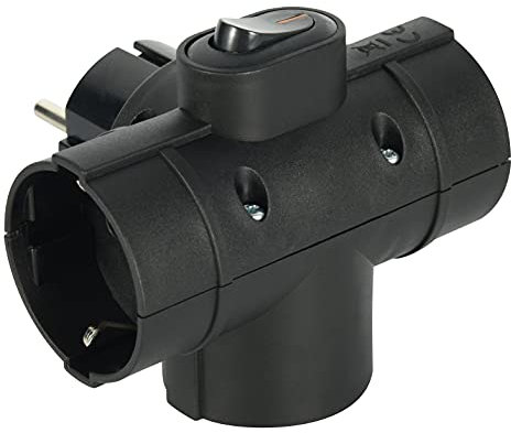 Electraline 55091 Adattatore Triplo 3 Prese Laterali, Spina Tedesca, Multipresa 3 Posti Schuko, Con Interruttore ON/OFF Nero
