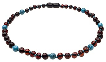 Genuine Amber Necklace From Baltic Sea Made With Polished Cherry & Turquoise 33 cm (13 Inches)