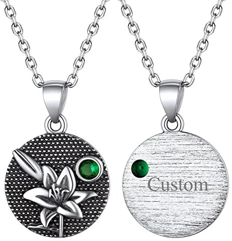 FOCALOOK Geburtsblume im Mai + Geburtsstein Anhänger mit 45+5cm Rolokette Silber 925 Personalisierte Münze mit Lilie Motiv Halskette Geburtsmonat Schmuck Accessoire für Damen Mädchen
