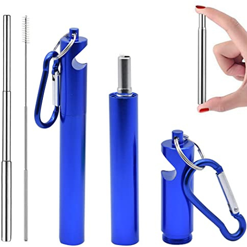 Hoshen Lot de 2 pailles réutilisables en acier inoxydable, 3 segments télescopiques en métal avec fonction tire-bouchon, brosse et mousqueton (boîtier en alliage d'aluminium épais) – Bleu