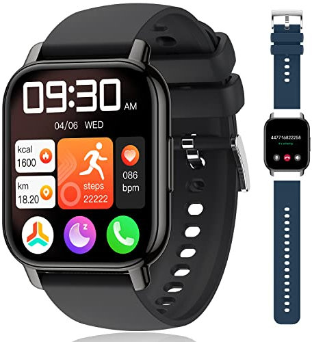 Popglory Smartwatch Uomo Donna, 2 Cinturini Orologio Chiamate e Whatsapp, Contapassi Assistente Vocale, Orologio Digitale 24H Cardiofrequenzimetro, Pressione Sanguigna SpO2 Sonno, per Android iOS