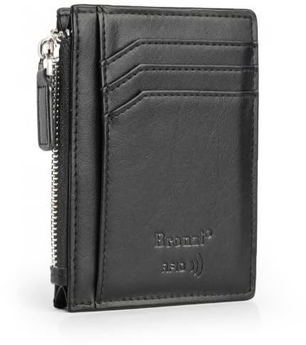 Bronzi Portafoglio Porta Carte Credito - Portafoglio Uomo Slim Portacarte uomo - Mini Porta Tessere - Protezione RFID - Design Smart Italiano Scatola Regalo inculsa (Zip Nero)