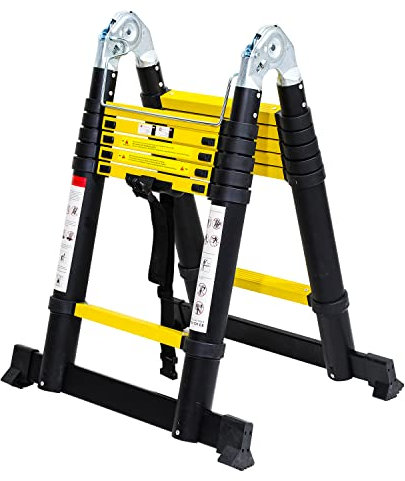 Cecaylie Scala telescopica in alluminio, 3,8 m, 1,9 m + 1,9 m, pieghevole, scala multiuso in alluminio, fino a 150 kg, colore: nero