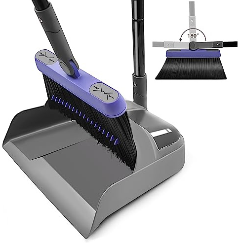 ZUBULUN Long Handled Dustpan and Brush Set, 138CM Tall Swivel Sweeping Broom and Dust Pan for Kitchen Indoor Outdoor Garden Lobby Office (Gray Purple), Gray and Purple