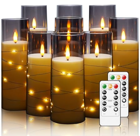 Nimiko Flickering Flameless LED Candles, 9 Pcs with Embedded Star String, Acrylic LED Pillar Candles with Remote, Suitable for Home Decoration (Grey)