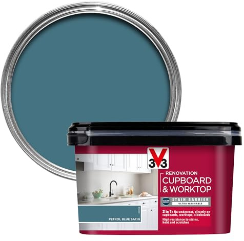 V33 Renovation Cupboard & Worktop Paint - No Undercoat Needed - High Resistance To Water Stains & Scratches - Ultra Washable - Petrol Blue Satin 2L