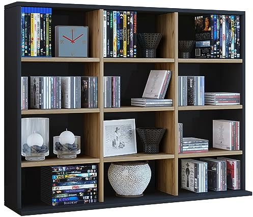 VCM Standregal 102x23x82 cm 12 Fächer Holzwerkstoff für CDs DVDs | Aufbewahrung für CDs, DVDs und Bücher - Wohnzimmer, Büro oder Flur - für Sammler und Musikliebhaber - offenes Fachregal