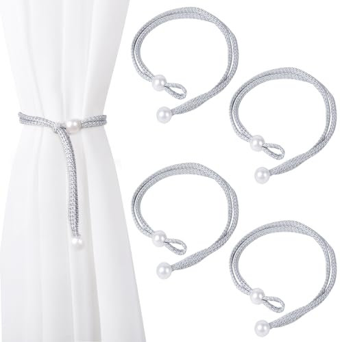 Dalababa 2 Pair Curtain Tie Backs Rope, Polyester Hand-Woven Drapery Holdbacks, Pearl Curtain Tiebacks Straps Buckles for Home Decor (Grey)