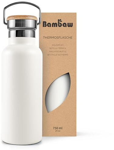 Bambaw Insulated Water Bottle 750ml - Stainless Steel, Leakproof, Metal Drinks Bottle for Camping - Polar White