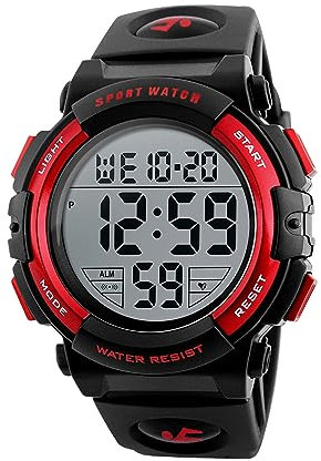 LIFEJXWEN Orologio Sportivo Digitale da Uomo, Orologio Digitale da Polso Orologio Sportivo Uomo Impermeabile 5ATM con Retroilluminazione a LED, Cronometro, Sveglia e Timer (Rosso)